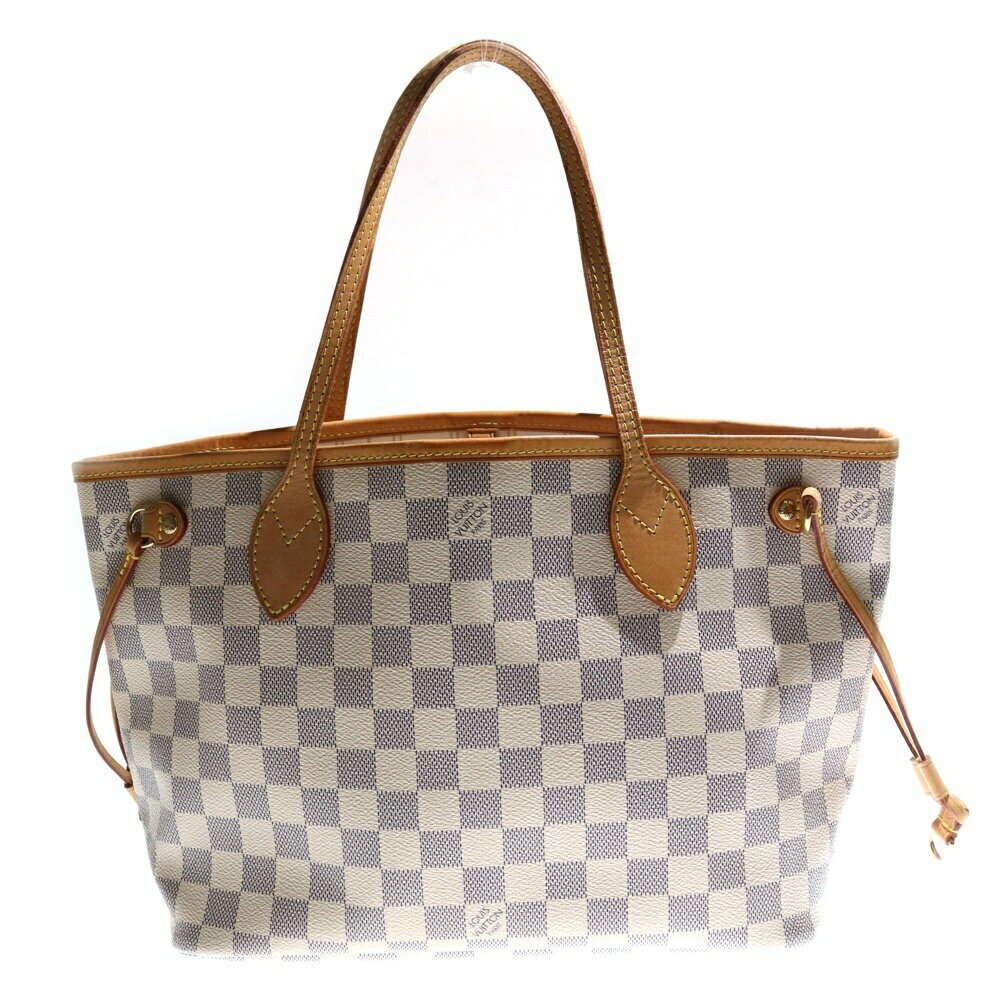 Louis Vuitton Damier Azur White Neverfull Tote Bag Handbag Ivory Brown Leather